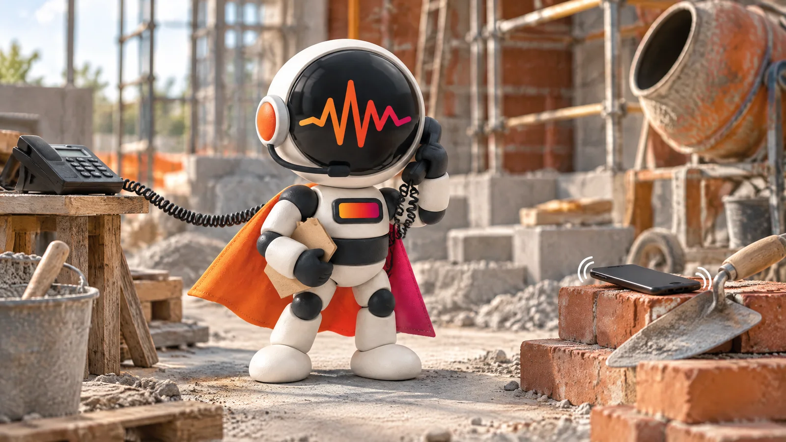 Handwerker auf der Baustelle mit klingelndem Smartphone, während ein Dashboard den eingehenden Anruf strukturiert annimmt