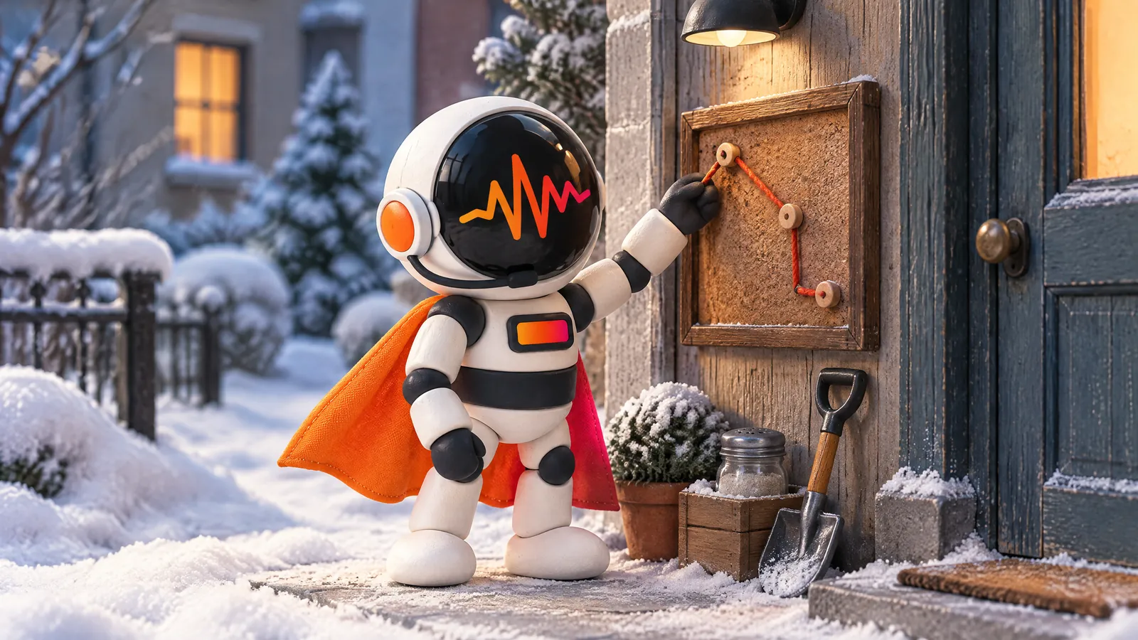 Griffi steckt vor einem verschneiten Miniatur-Wohnhaus einen Räumplan an eine Pinnwand, Streuer und Schneeschaufel stehen an der Tür bereit.